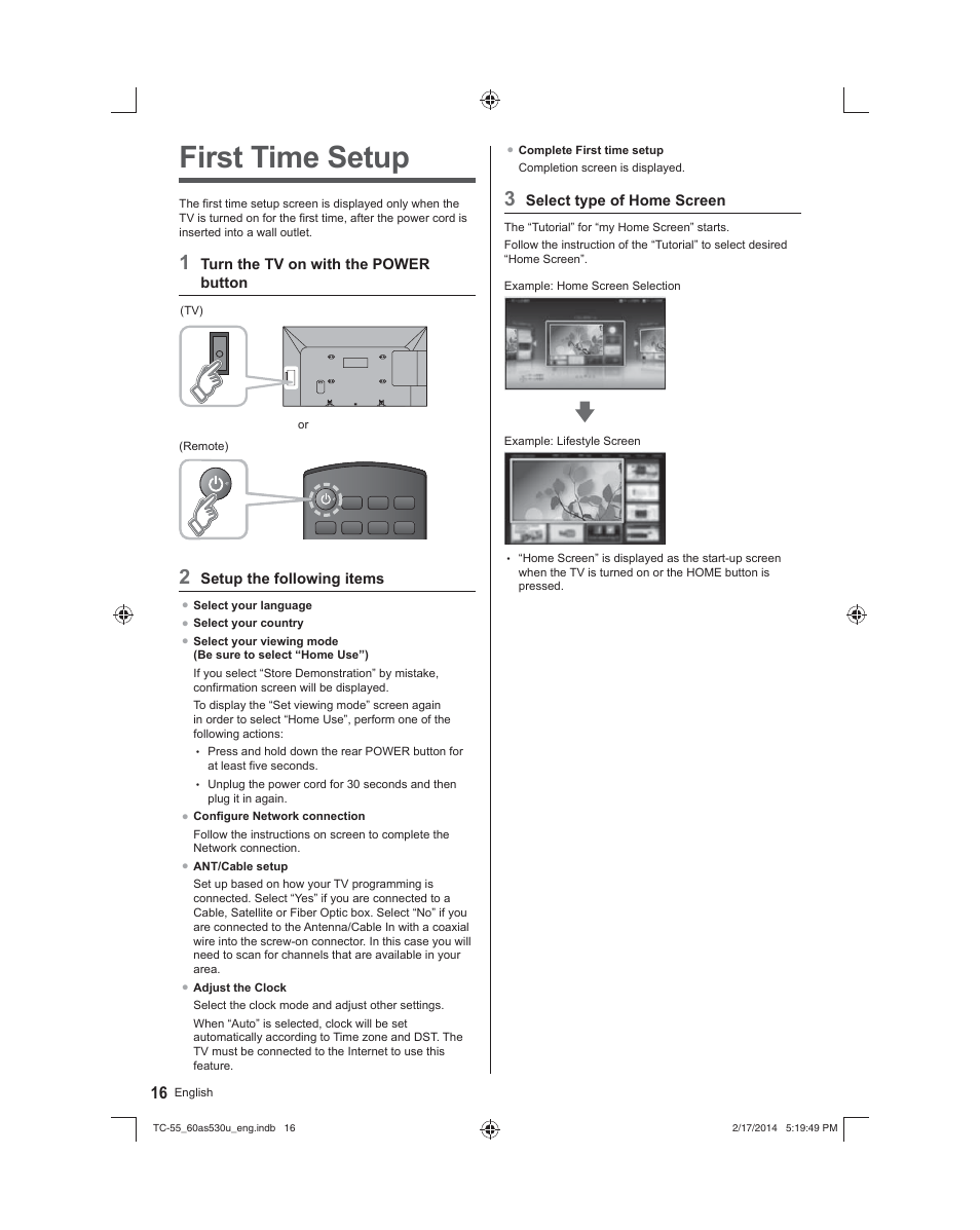 First time setup | Panasonic TC-60AS530U User Manual | Page 16 / 24