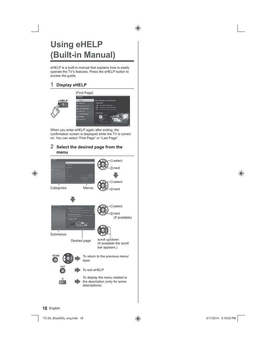 Using ehelp (built-in manual) | Panasonic TC-60AS530U User Manual | Page 18 / 24