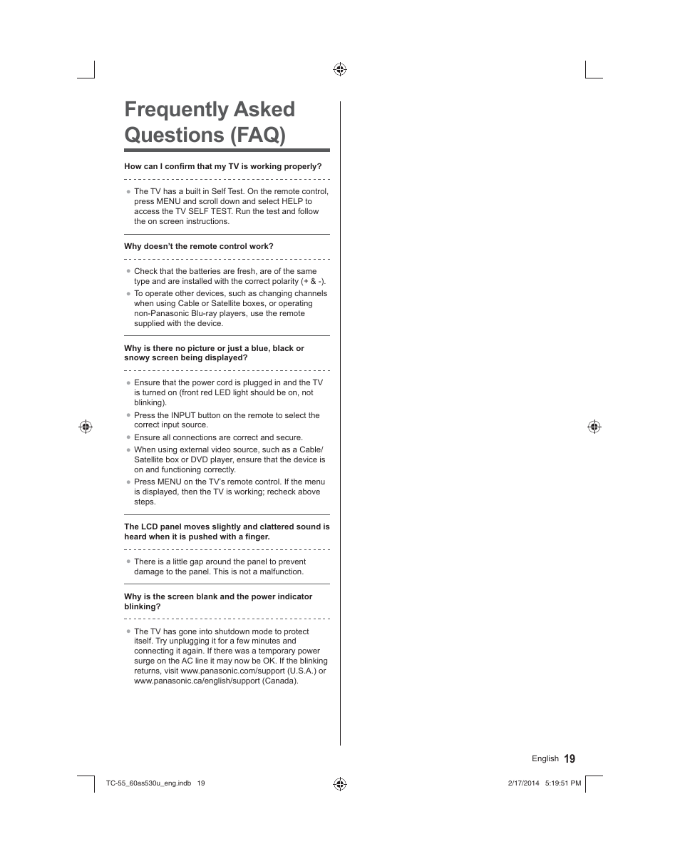 Frequently asked questions (faq) | Panasonic TC-60AS530U User Manual | Page 19 / 24