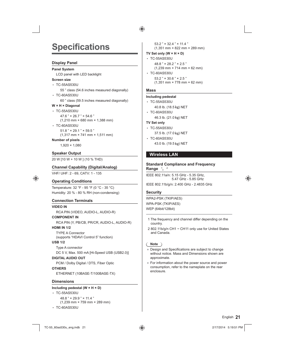 Specifications | Panasonic TC-60AS530U User Manual | Page 21 / 24