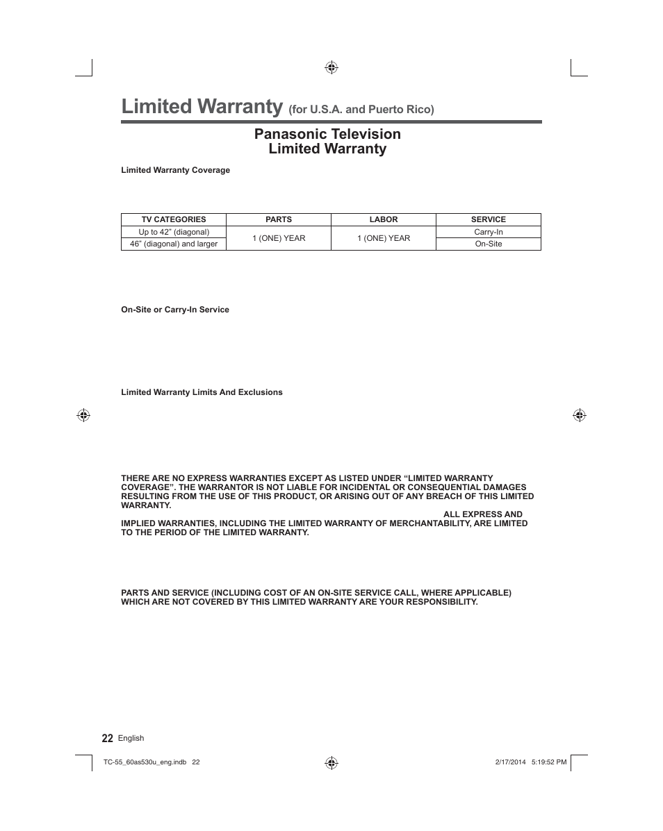 Limited warranty (for u.s.a. and puerto rico), Limited warranty, Panasonic television limited warranty | For u.s.a. and puerto rico) | Panasonic TC-60AS530U User Manual | Page 22 / 24