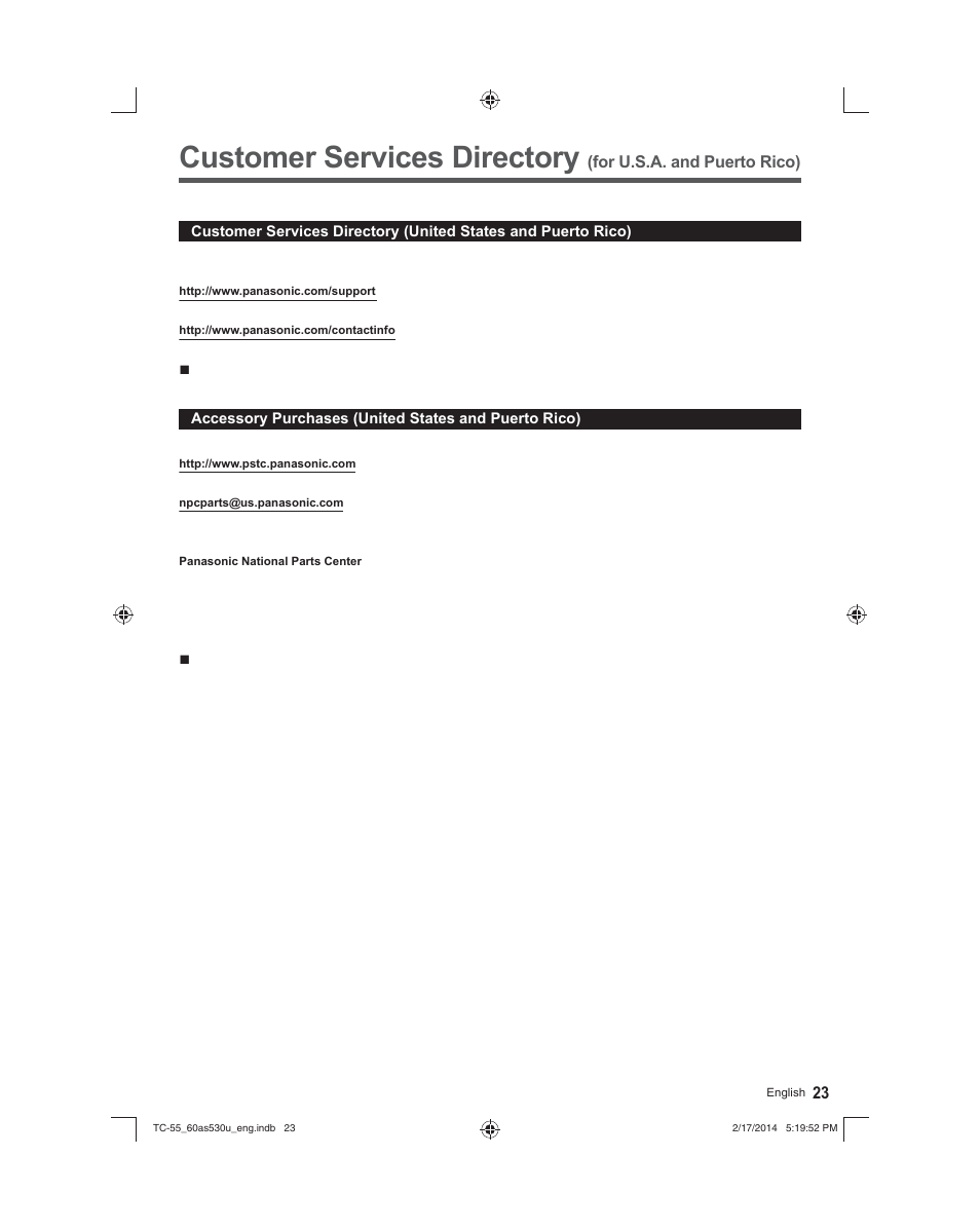 Customer services directory | Panasonic TC-60AS530U User Manual | Page 23 / 24