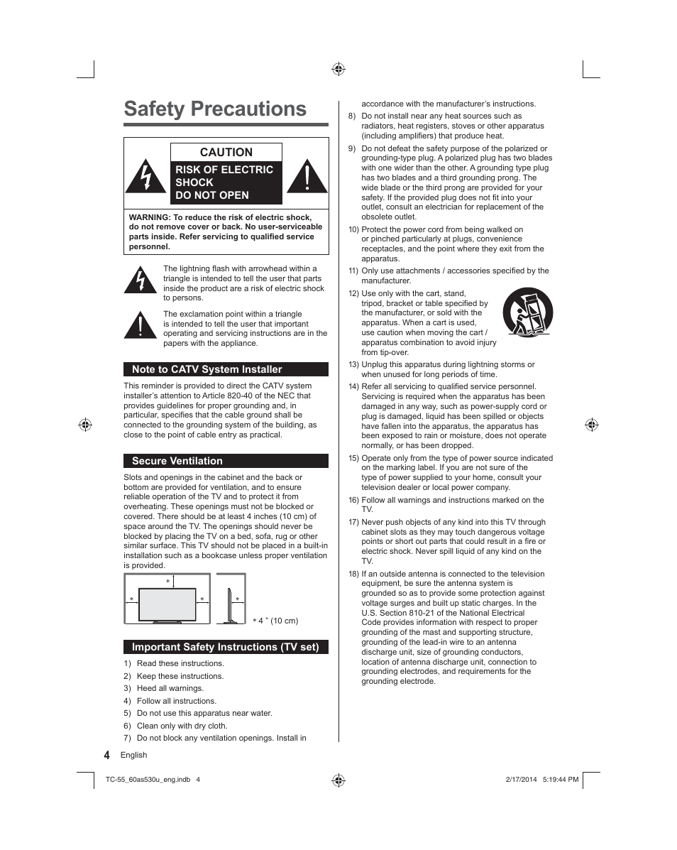 Safety precautions, Caution | Panasonic TC-60AS530U User Manual | Page 4 / 24