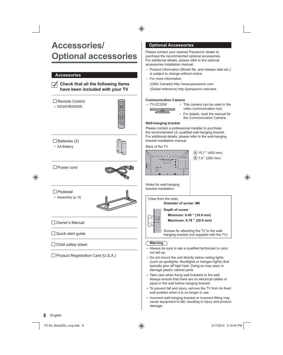 Accessories/optional accessories, Accessories/ optional accessories | Panasonic TC-60AS530U User Manual | Page 8 / 24