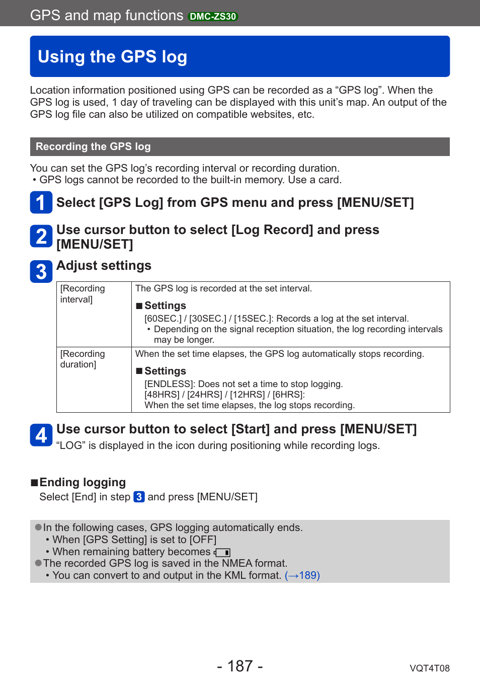 Using the gps log, Recording the gps log, Gps and map functions | Panasonic DMC-ZS30K User Manual | Page 187 / 314