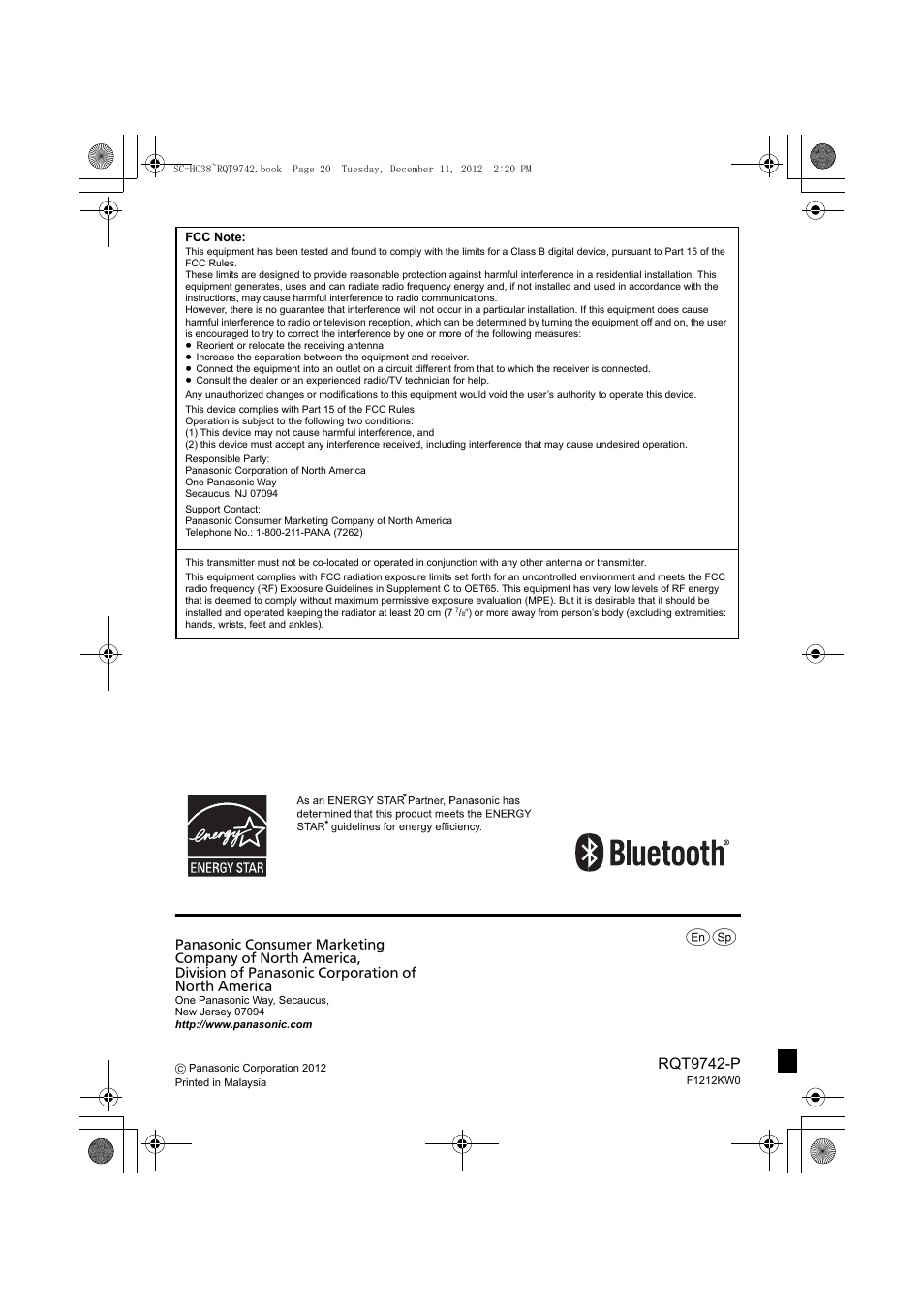 Rqt9742-p | Panasonic SC-HC38 User Manual | Page 20 / 20