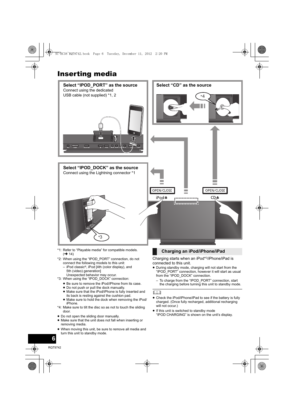 Inserting media | Panasonic SC-HC38 User Manual | Page 6 / 20