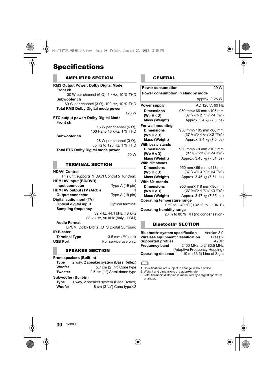Specifications | Panasonic SC-HTB170 User Manual | Page 30 / 32