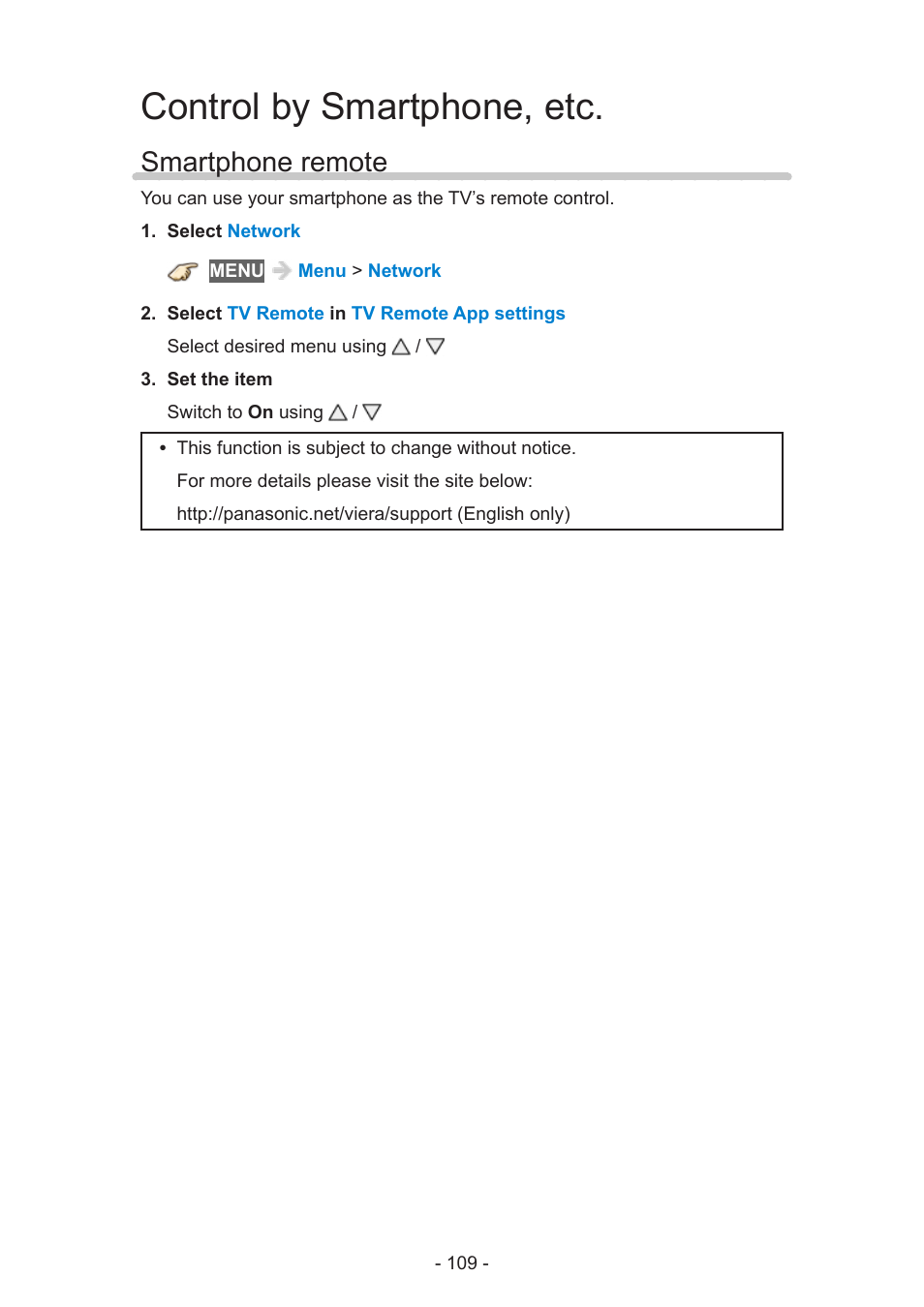 Control by smartphone, etc, Smartphone remote | Panasonic TC-60AS640U User Manual | Page 109 / 171