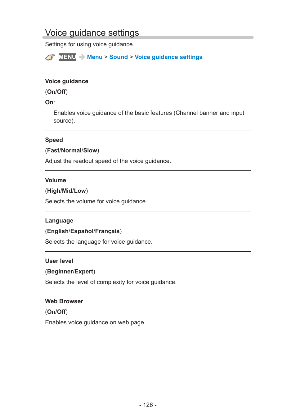 Voice guidance settings | Panasonic TC-60AS640U User Manual | Page 126 / 171