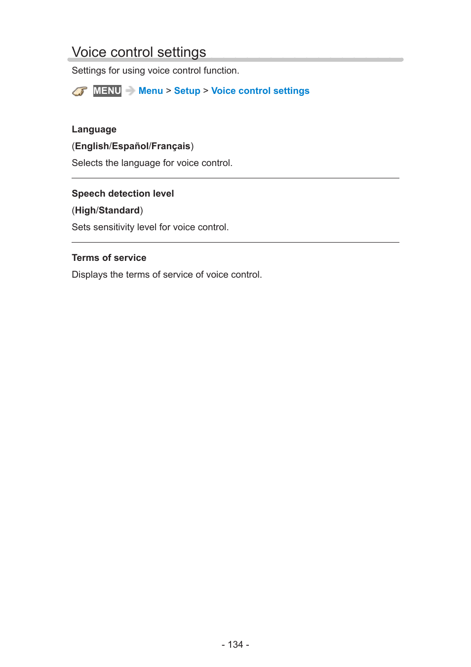 Voice control settings | Panasonic TC-60AS640U User Manual | Page 134 / 171
