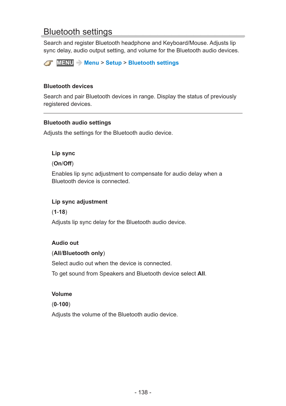 Bluetooth settings, Bluetooth settings 138 | Panasonic TC-60AS640U User Manual | Page 138 / 171