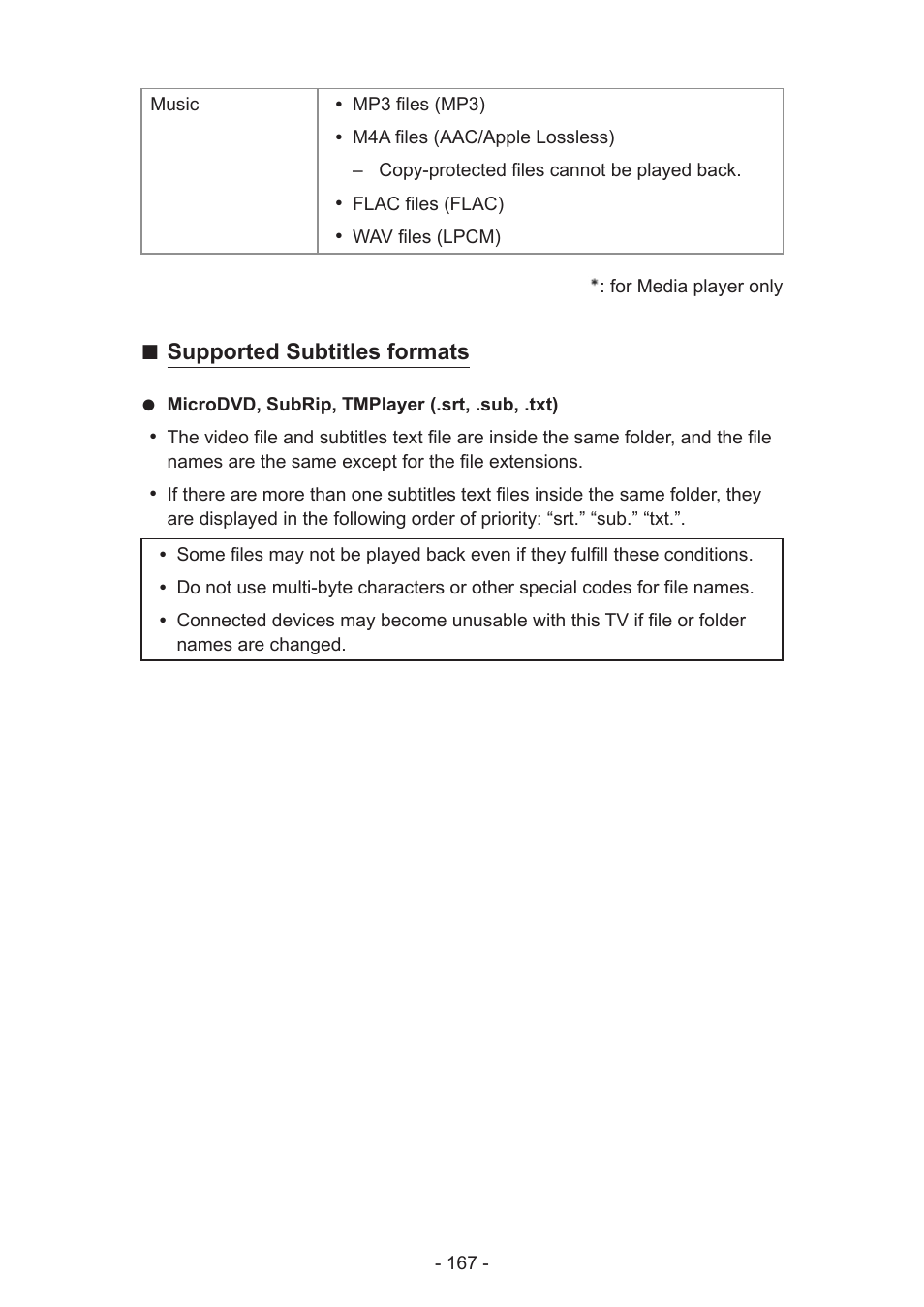 Supported subtitles formats | Panasonic TC-60AS640U User Manual | Page 167 / 171
