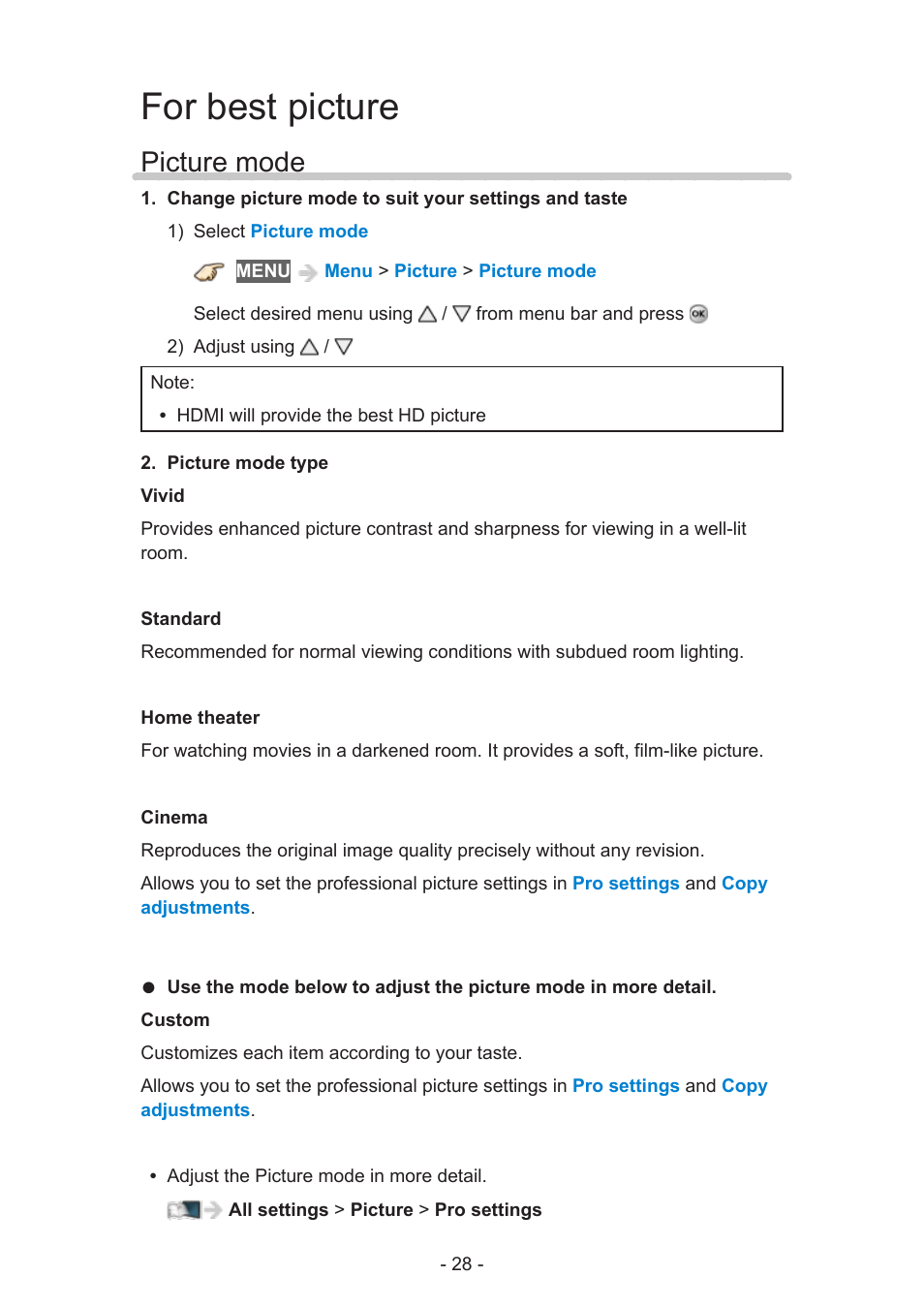 For best picture, Picture mode, Picture mode 28 | Panasonic TC-60AS640U User Manual | Page 28 / 171