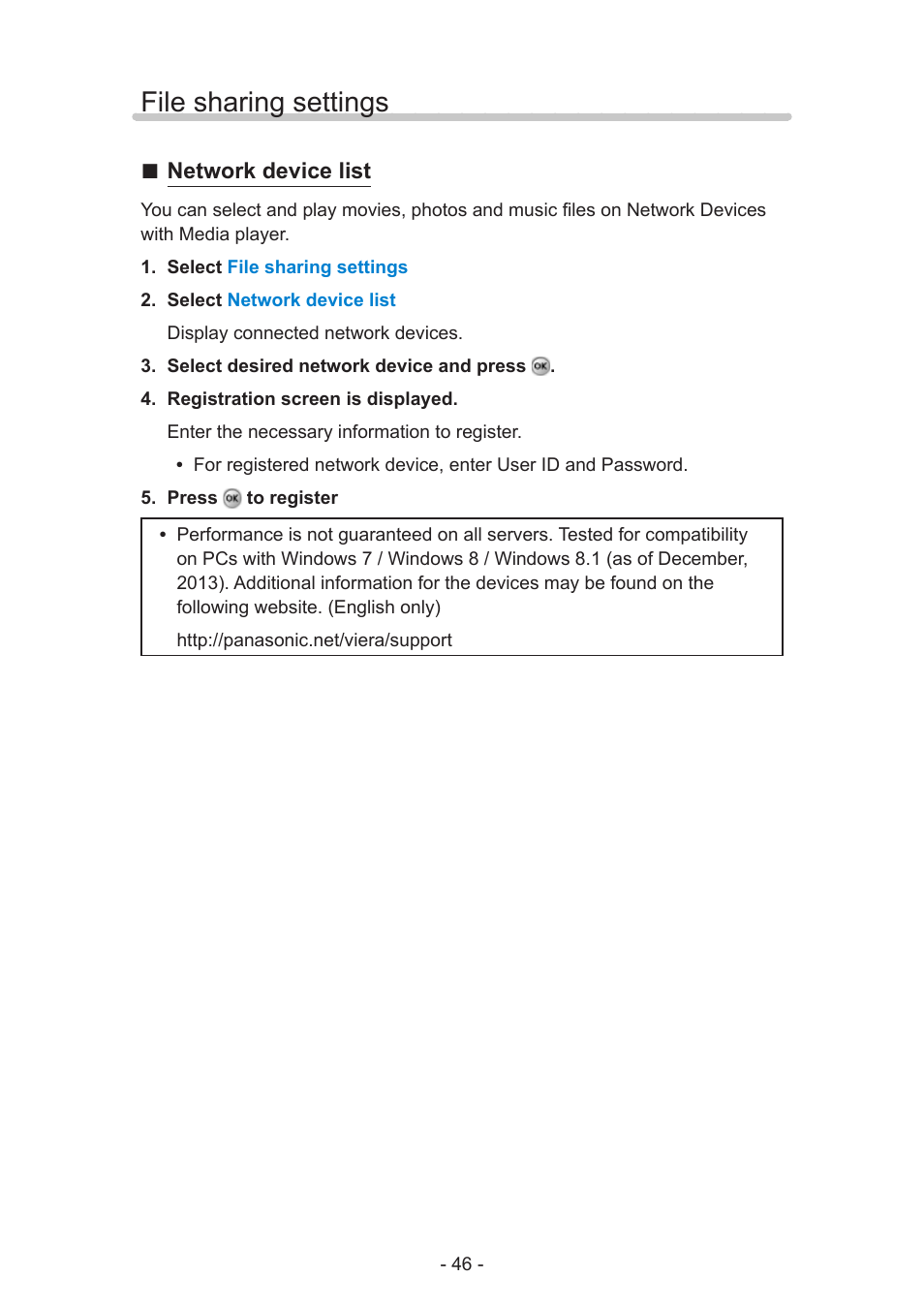 File sharing settings, Network device list | Panasonic TC-60AS640U User Manual | Page 46 / 171