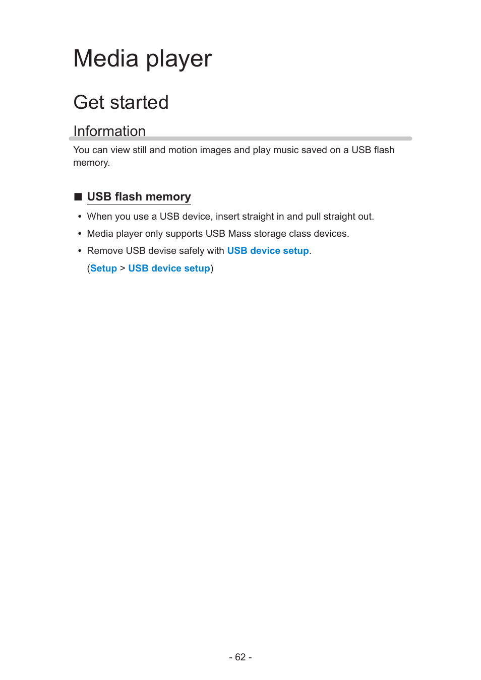 Media player, Get started, Information | Information 62 | Panasonic TC-60AS640U User Manual | Page 62 / 171