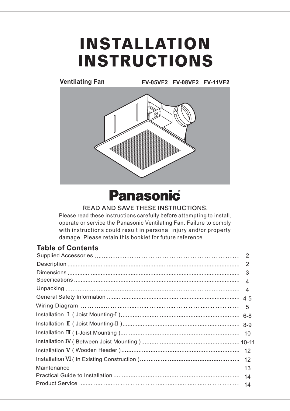 Panasonic FV-08VF2 User Manual | 14 pages