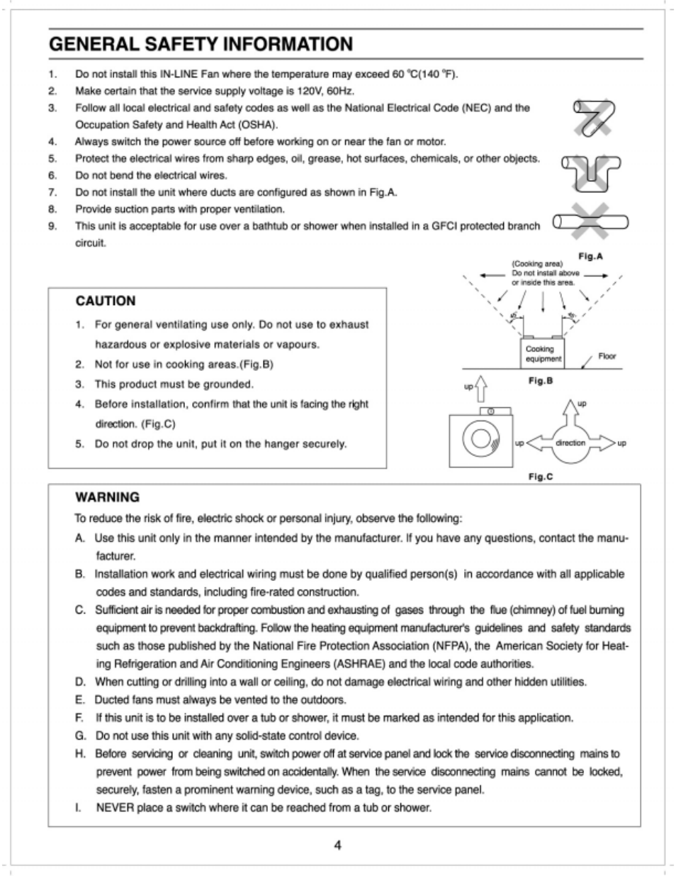 General safety information, Caution, Warning | Panasonic FV-20NLF1 User Manual | Page 4 / 9