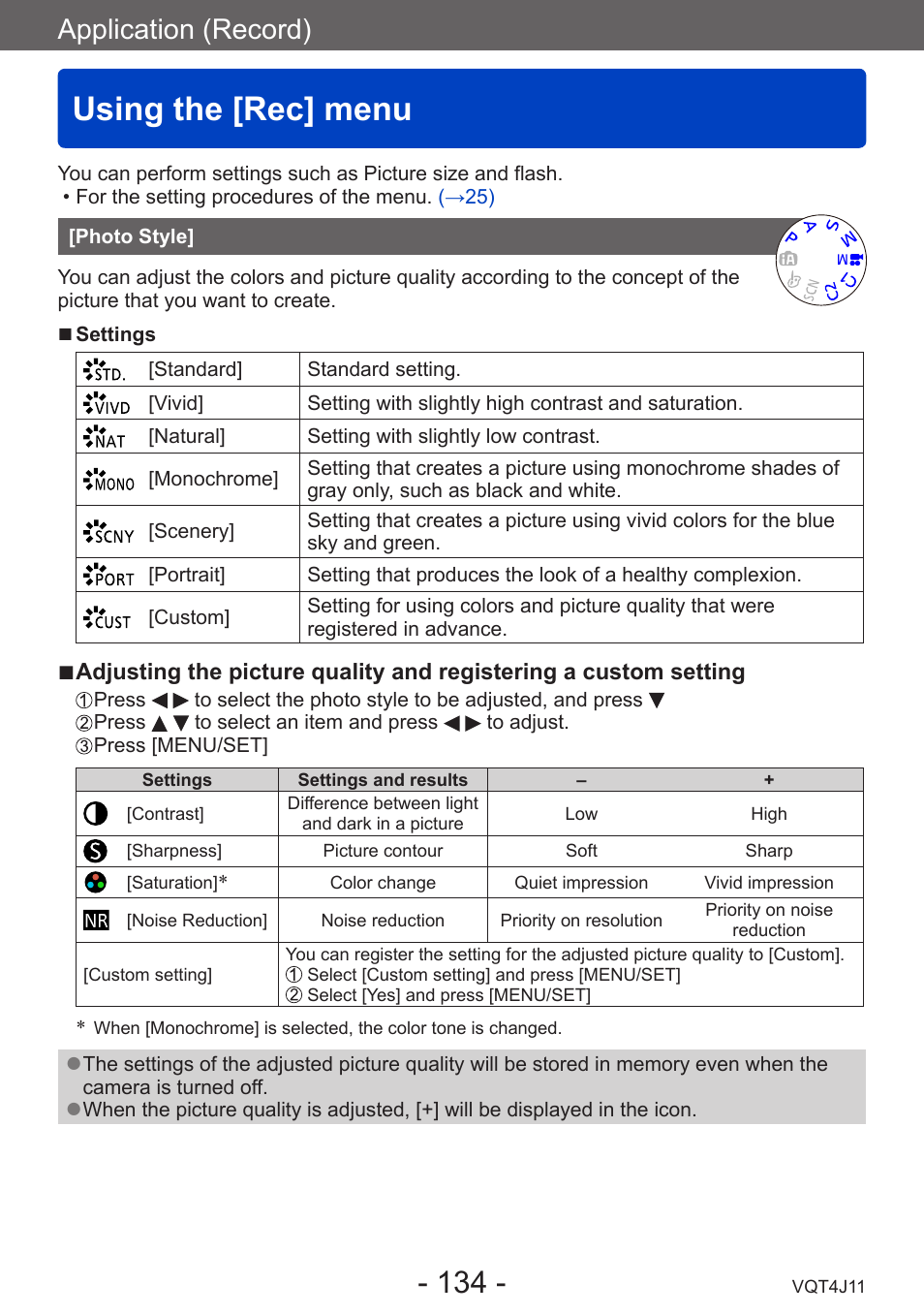 Using the [rec] menu, Photo style, Application (record) | Panasonic DMC-LX7K User Manual | Page 134 / 226