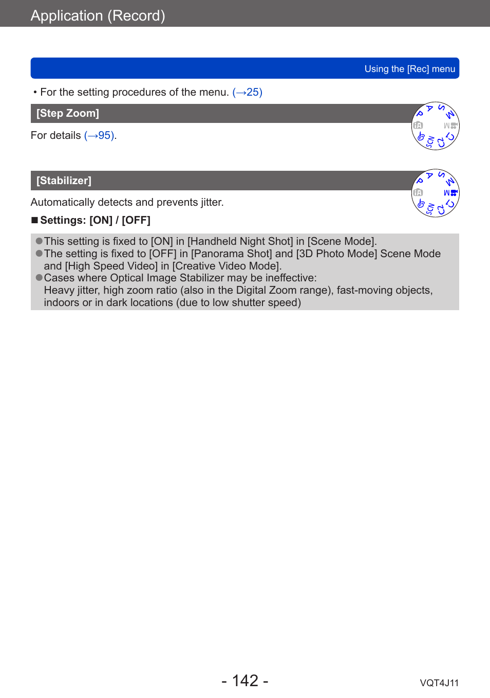Step zoom, Stabilizer, Application (record) | Panasonic DMC-LX7K User Manual | Page 142 / 226