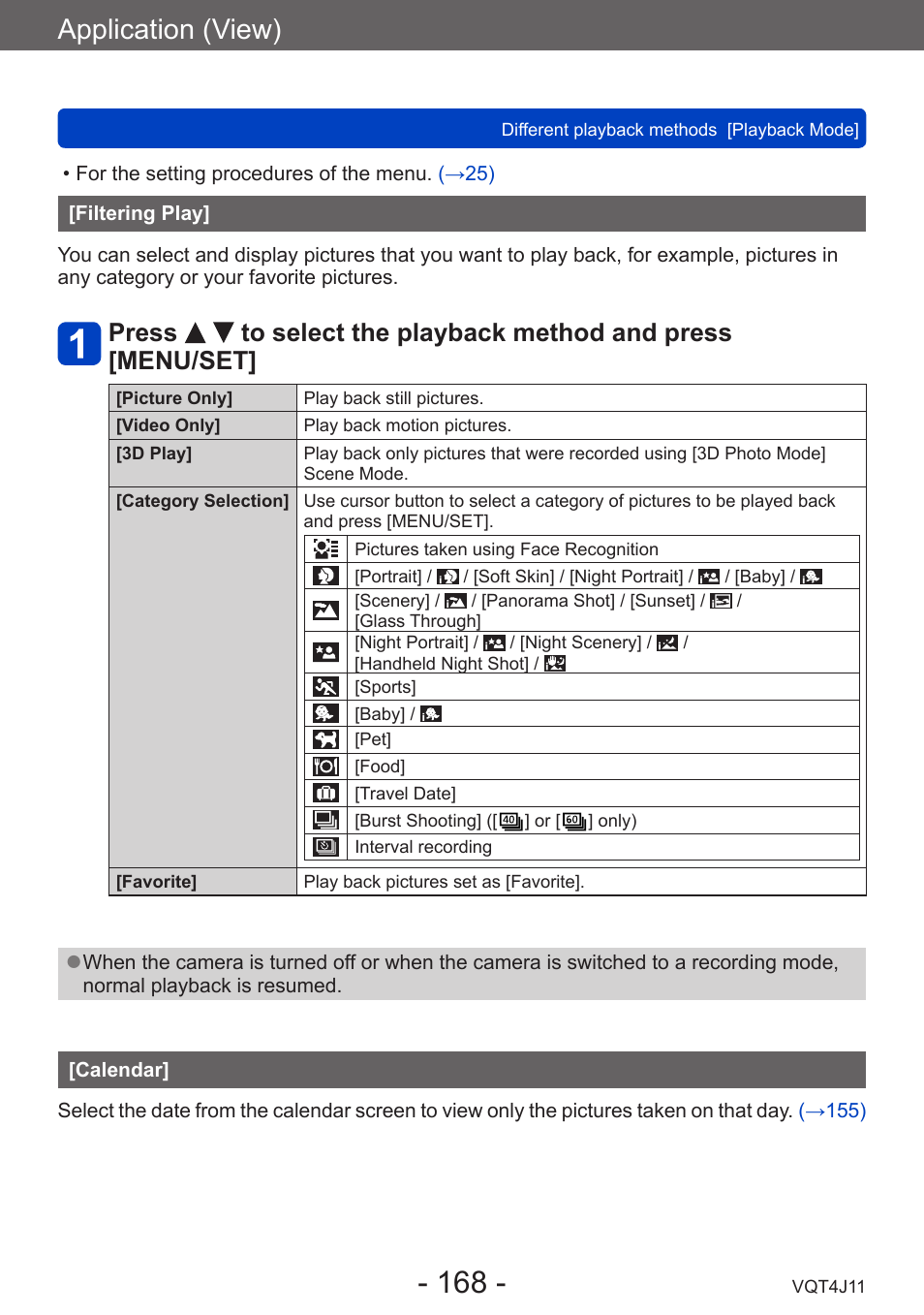 Filtering play, Calendar, Application (view) | Panasonic DMC-LX7K User Manual | Page 168 / 226
