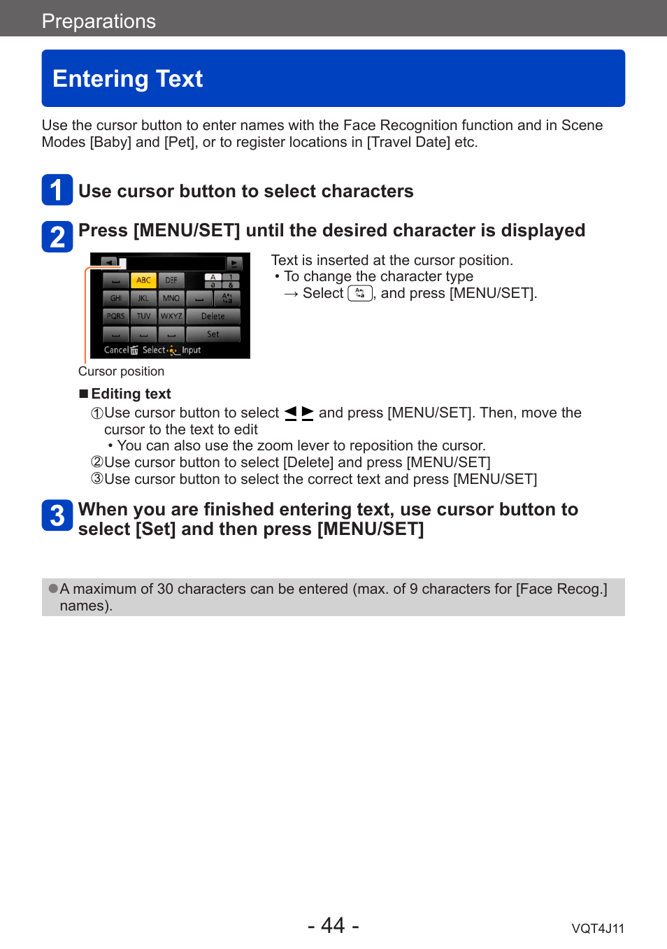 Entering text, Preparations | Panasonic DMC-LX7K User Manual | Page 44 / 226