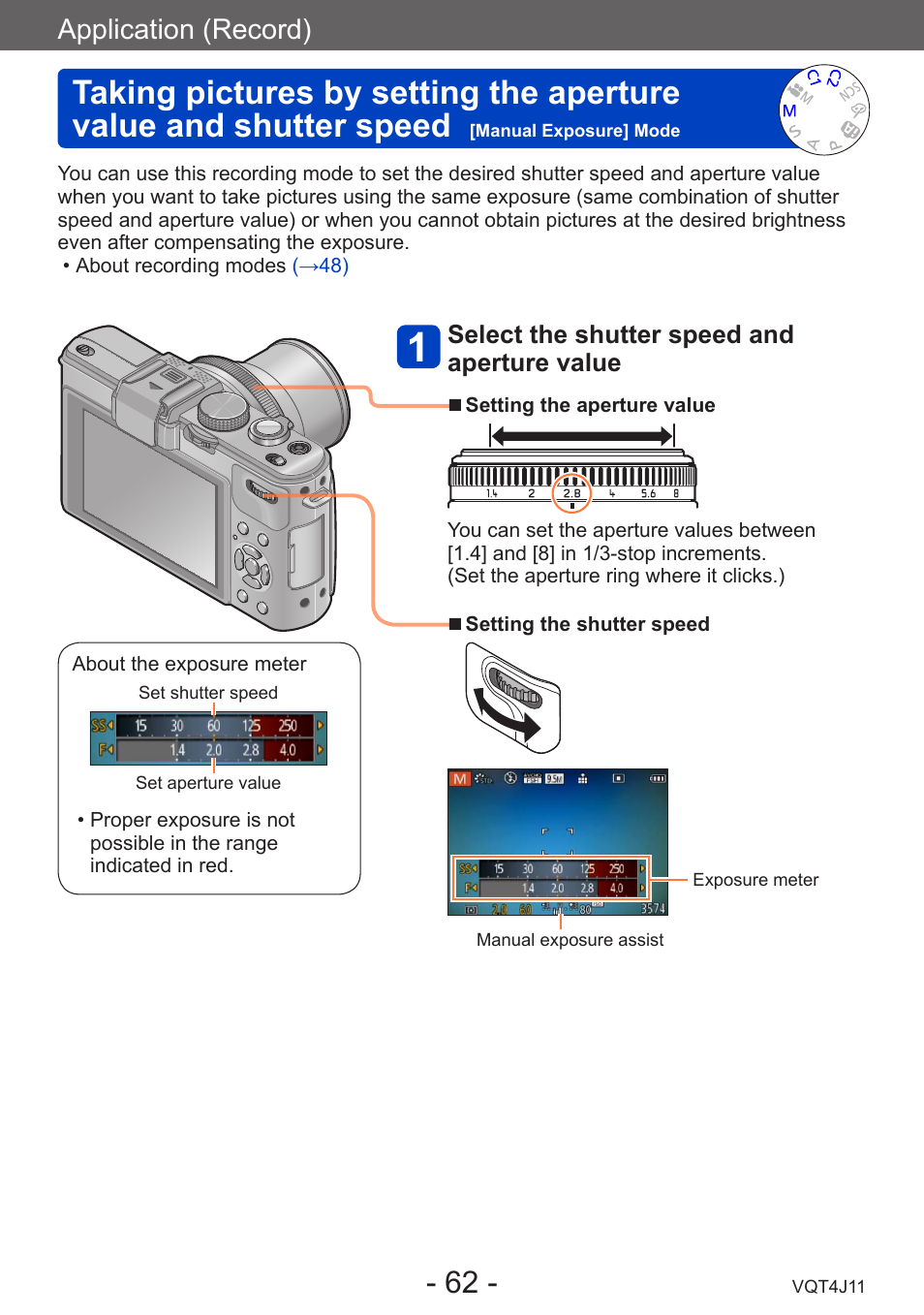 Taking pictures by setting the, Aperture value and shutter speed, Manual exposure] mode | Application (record) | Panasonic DMC-LX7K User Manual | Page 62 / 226