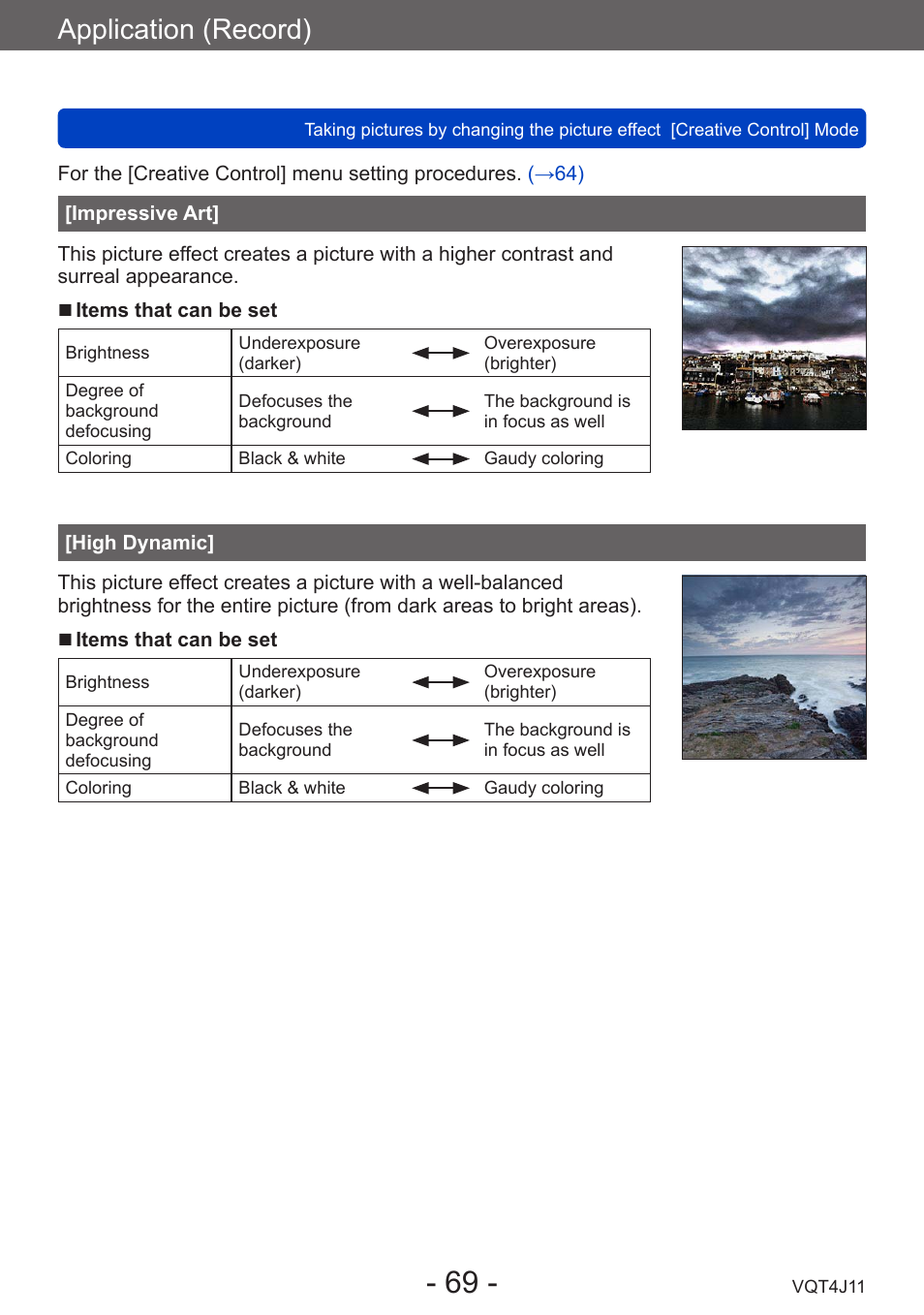 Impressive art, High dynamic, Application (record) | Panasonic DMC-LX7K User Manual | Page 69 / 226