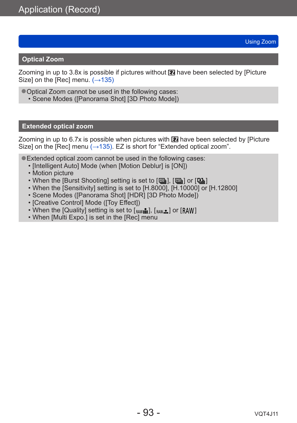 Optical zoom, Extended optical zoom, Application (record) | Panasonic DMC-LX7K User Manual | Page 93 / 226