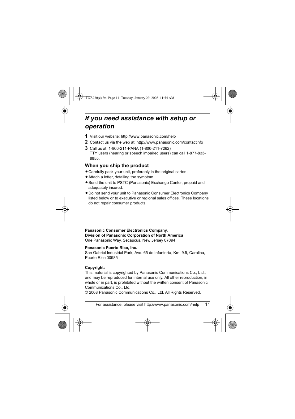 If you need assistance with setup or operation | Panasonic KX-TGA930T User Manual | Page 11 / 11