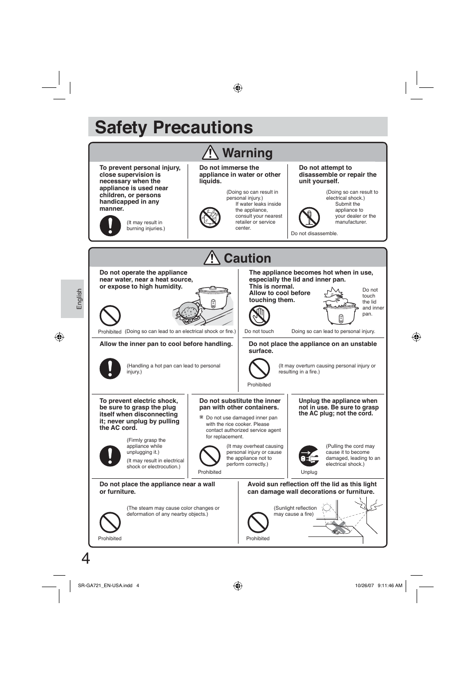 Safety precautions, Caution, Warning | Panasonic SR-GA721 User Manual | Page 4 / 39