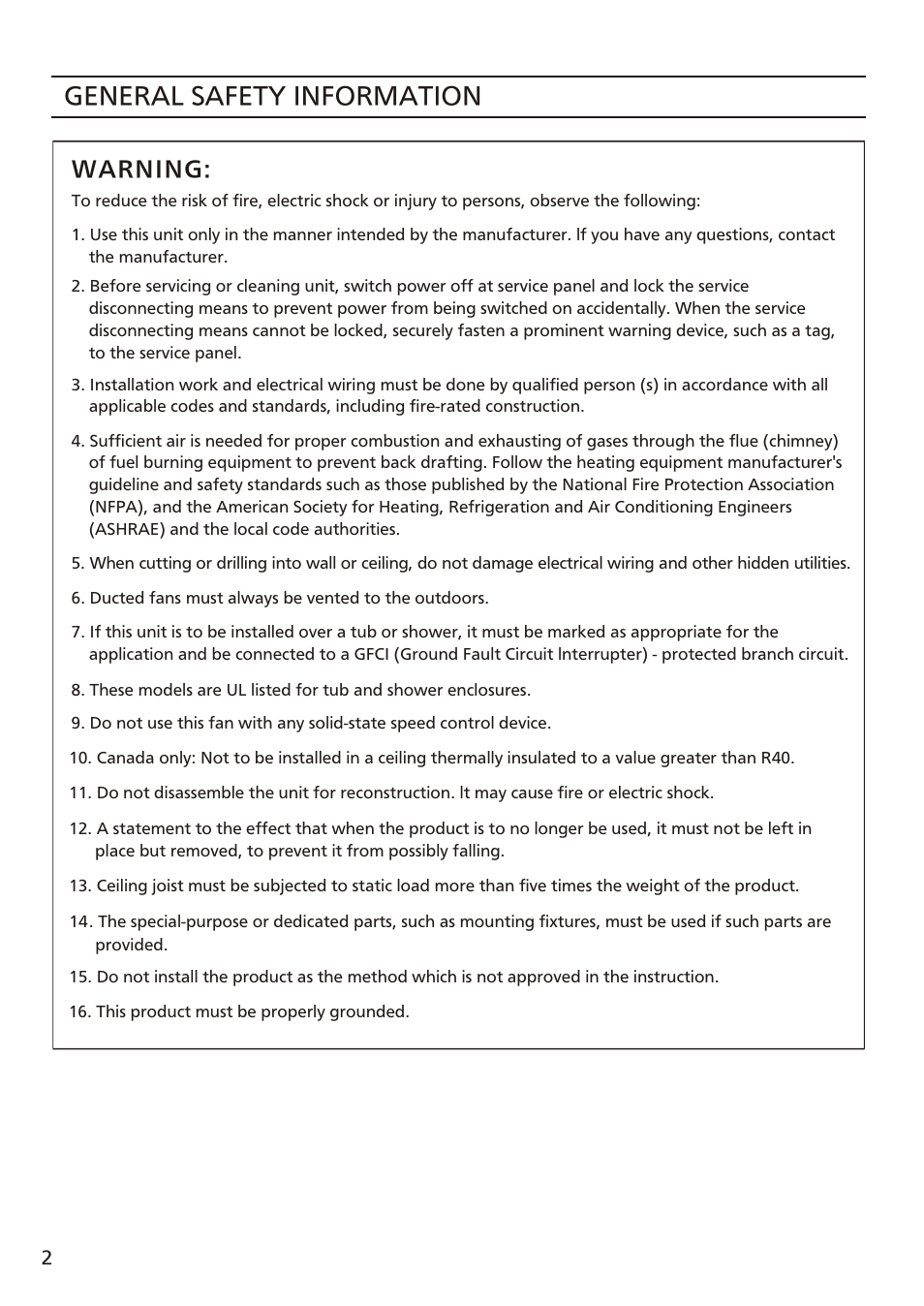 Т³ 2, General safety information, Warning | Panasonic FV-08VFL3 User Manual | Page 2 / 16