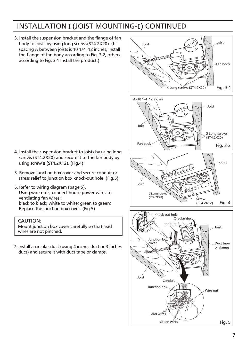 Т³ 7, Installation (joist mounting- ) continued, Caution | Panasonic FV-08VFL3 User Manual | Page 7 / 16