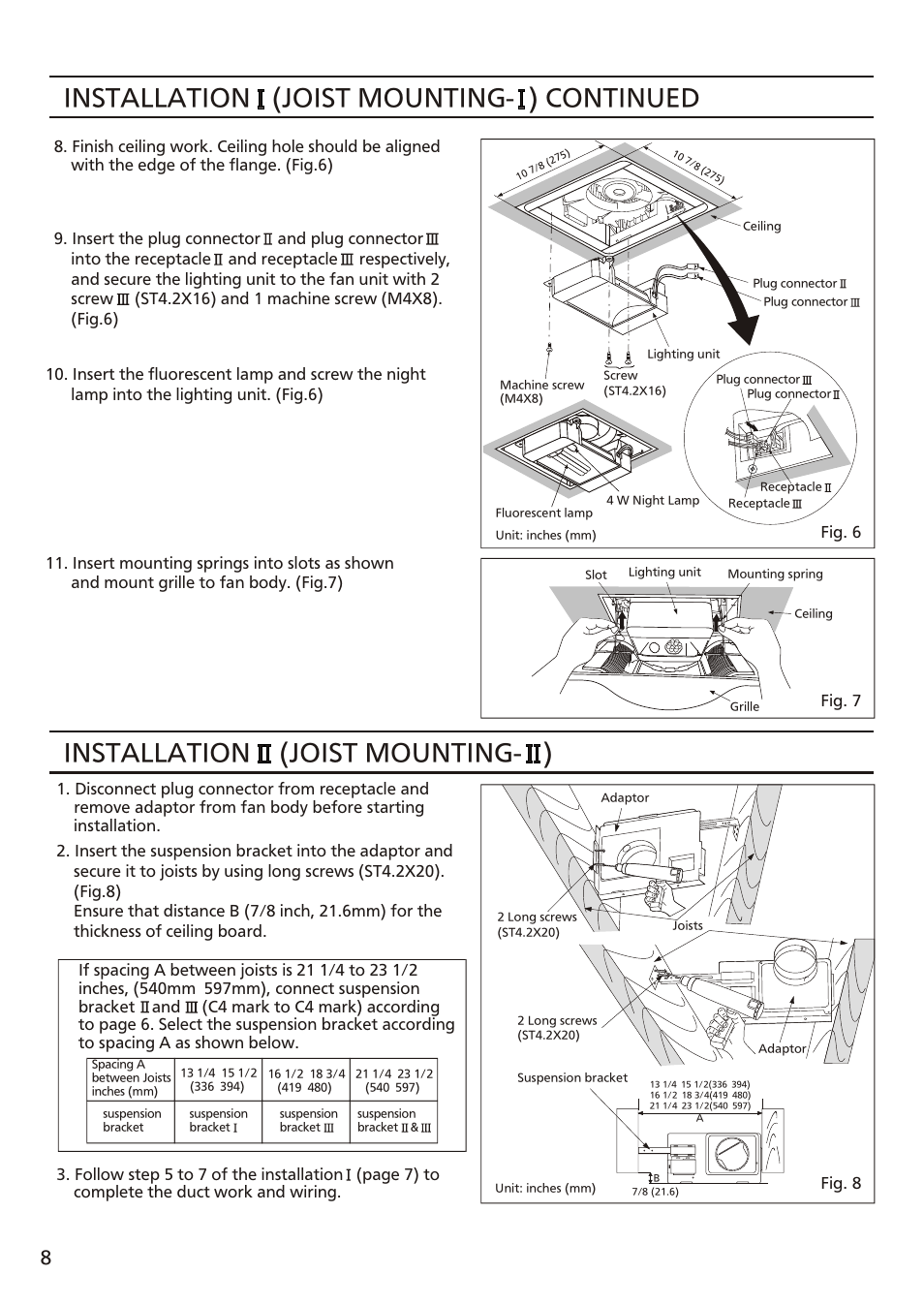 Т³ 8, Installation (joist mounting- ) continued, Installation (joist mounting- ) | Panasonic FV-08VFL3 User Manual | Page 8 / 16