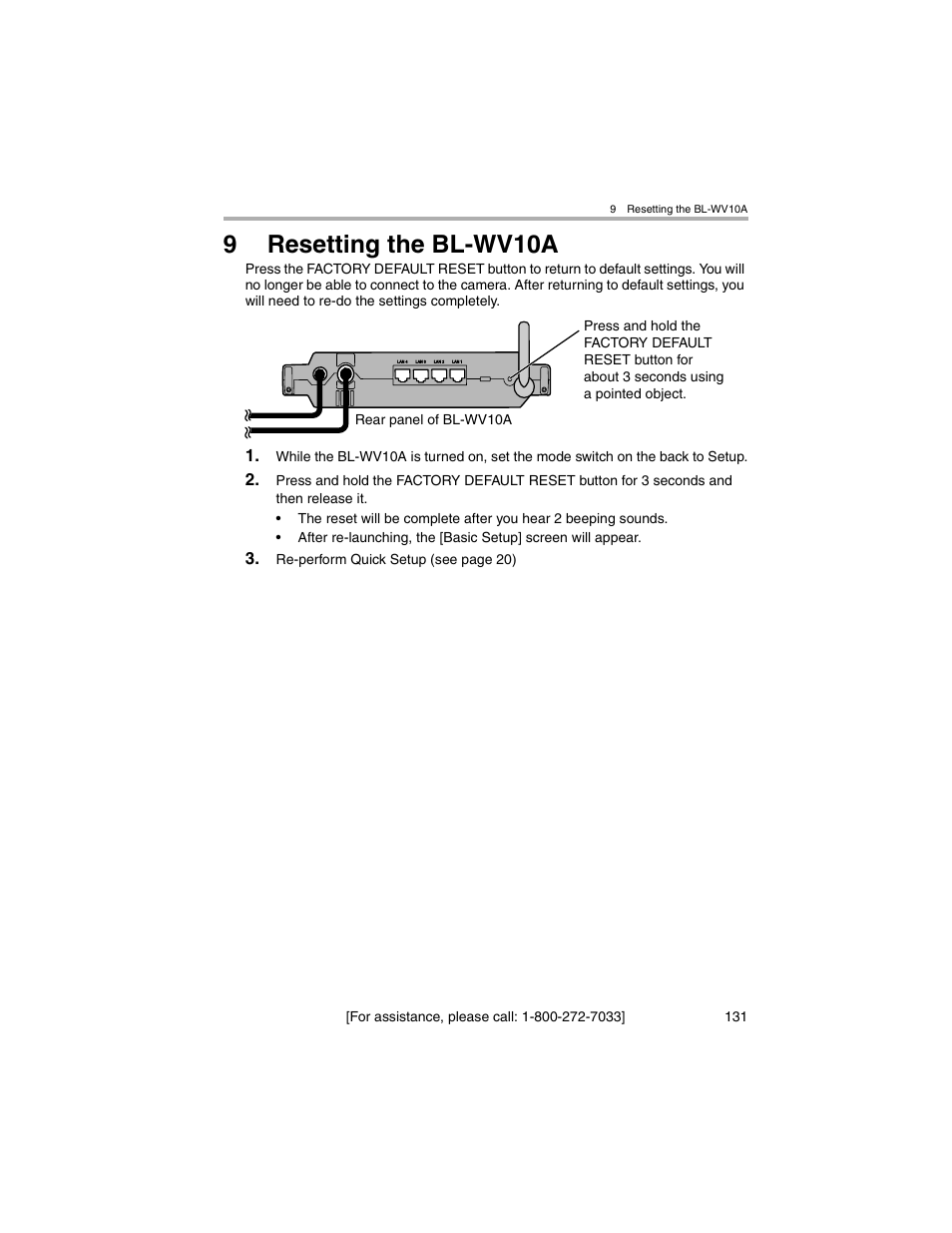 Resetting the bl-wv10a, 9resetting the bl-wv10a | Panasonic BL-MS103A User Manual | Page 131 / 184