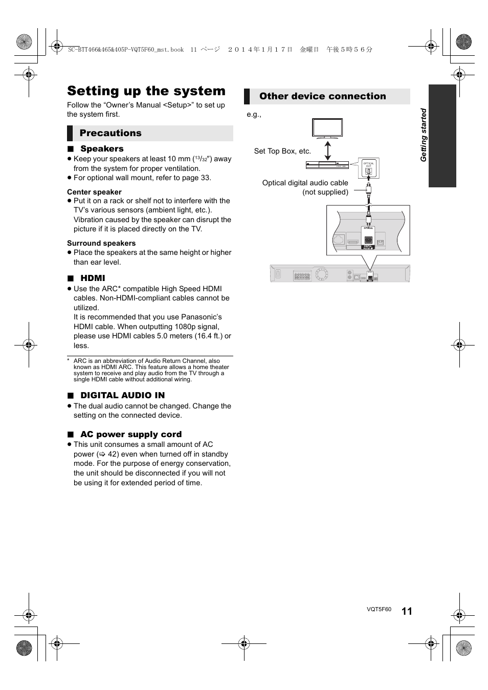 Setting up the system, Precautions other device connection | Panasonic SC-BTT465 User Manual | Page 11 / 48