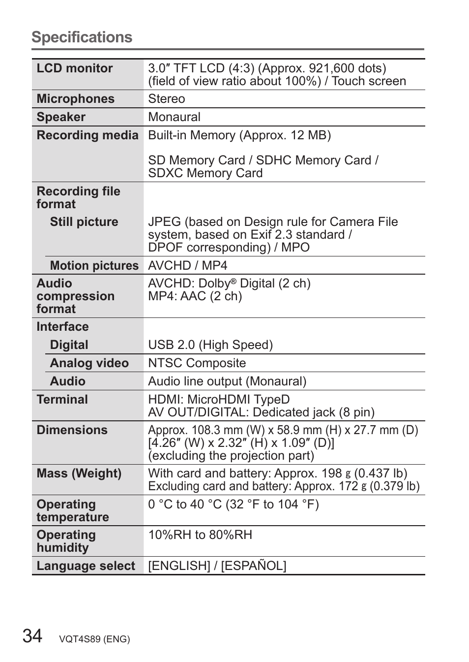 Specifications | Panasonic DMC-ZS30K User Manual | Page 34 / 43