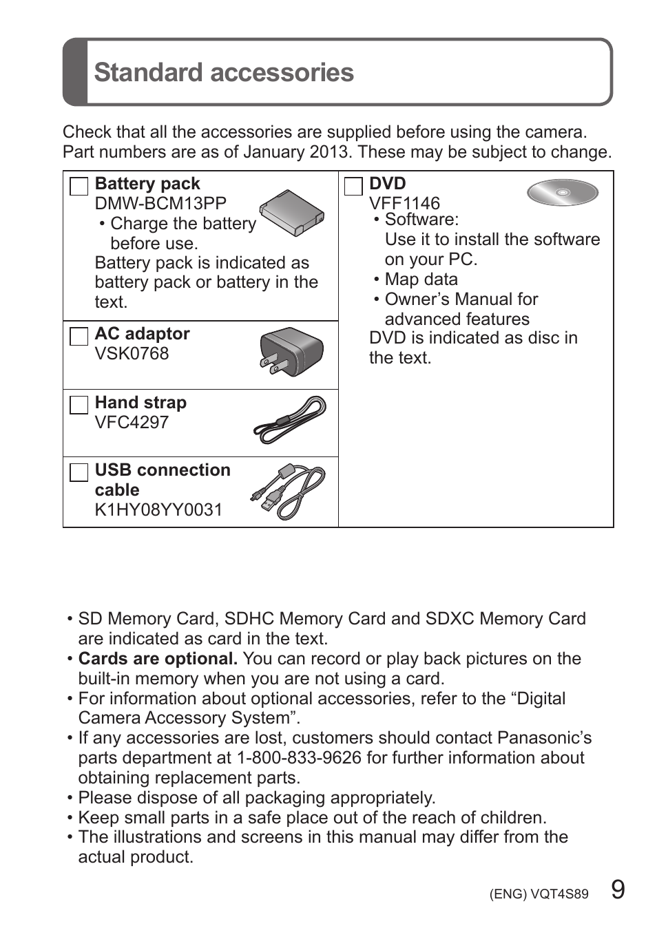 Standard accessories, 9standard accessories | Panasonic DMC-ZS30K User Manual | Page 9 / 43