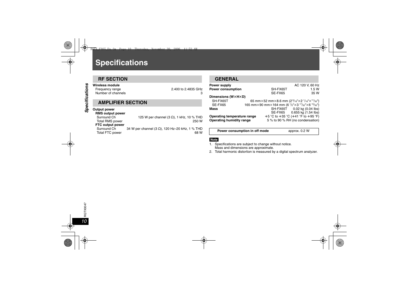 Specifications | Panasonic SH-FX65 User Manual | Page 10 / 12