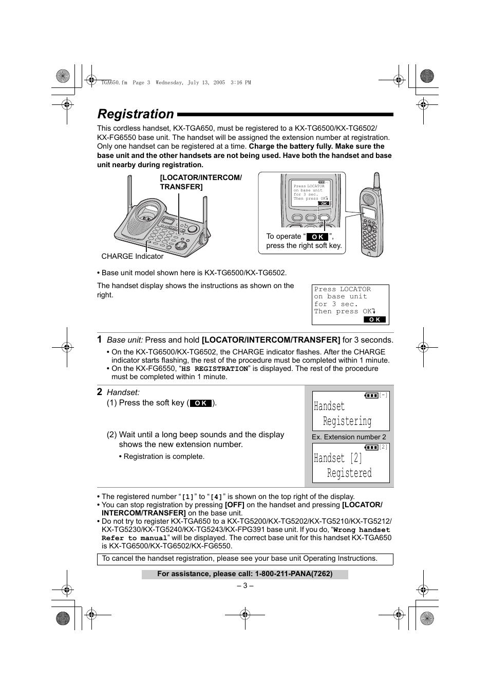 Handset registering, Handset [2] registered, Registration | Panasonic KX-TGA650B User Manual | Page 3 / 12