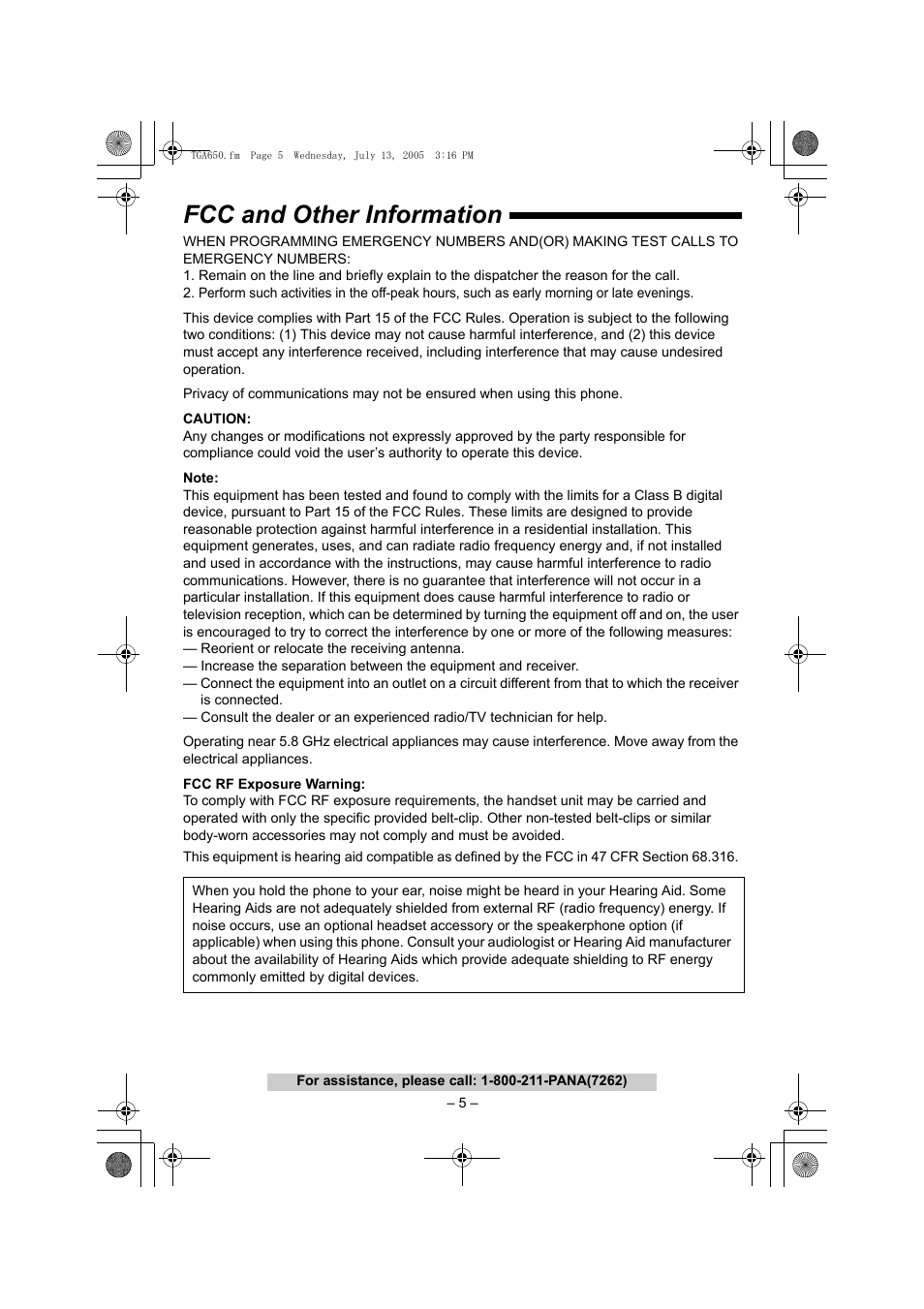 Fcc and other information | Panasonic KX-TGA650B User Manual | Page 5 / 12