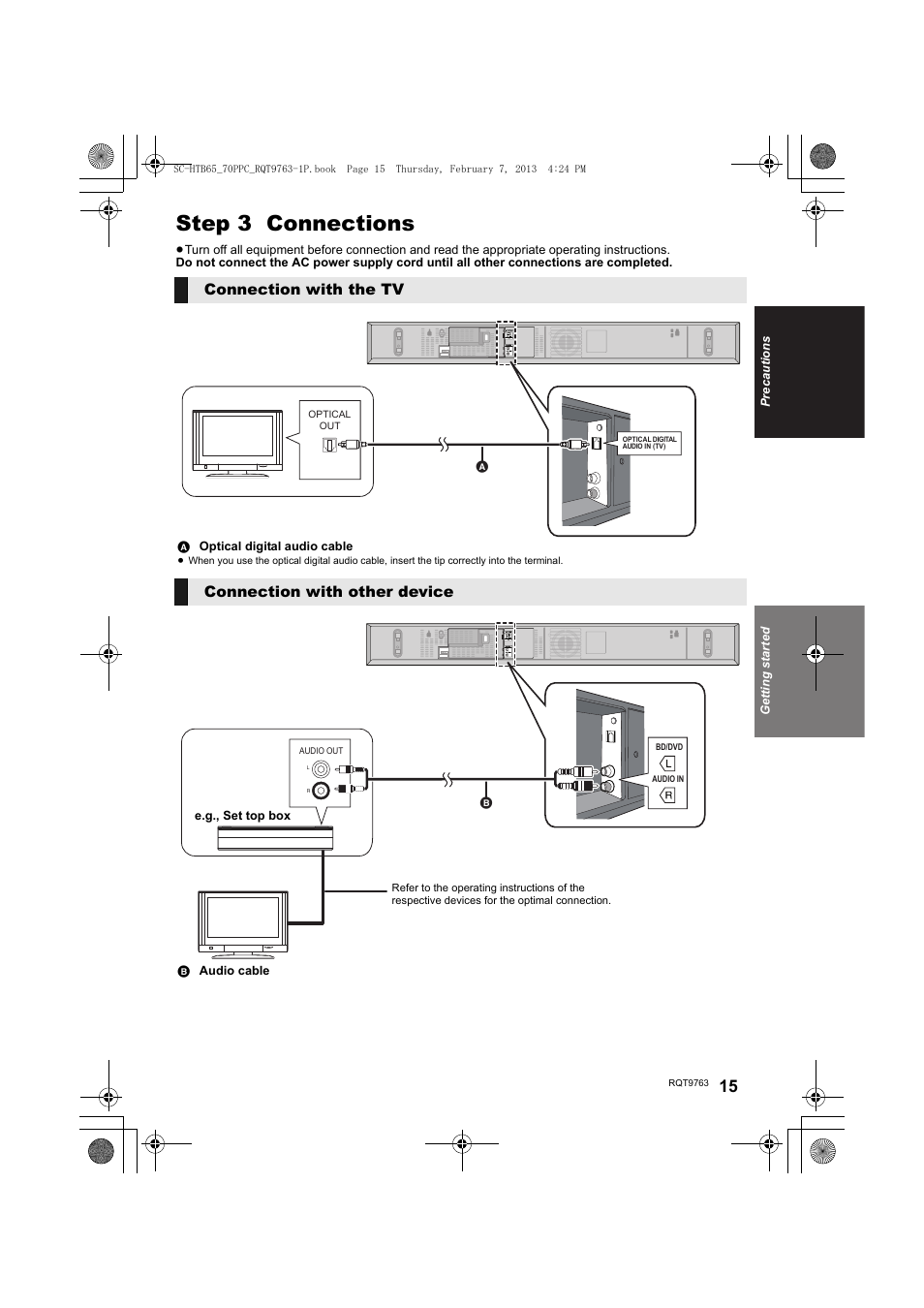 Step 3 connections, Connection with the tv, Connection with other device | Panasonic SC-HTB65 User Manual | Page 15 / 28