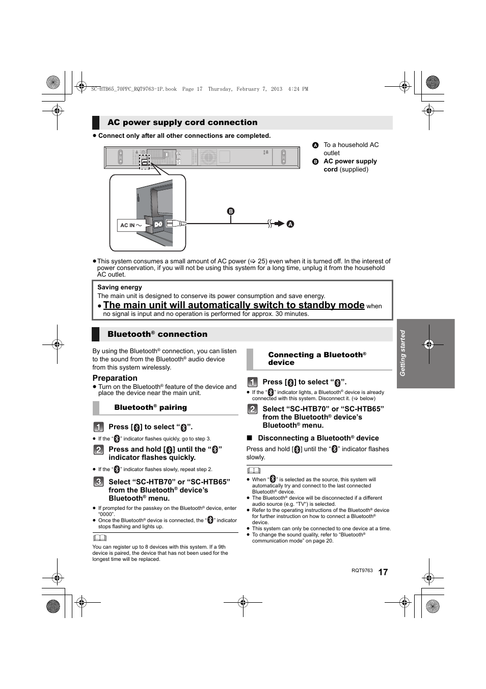 Preparation, Ac power supply cord connection, Bluetooth | Connection | Panasonic SC-HTB65 User Manual | Page 17 / 28