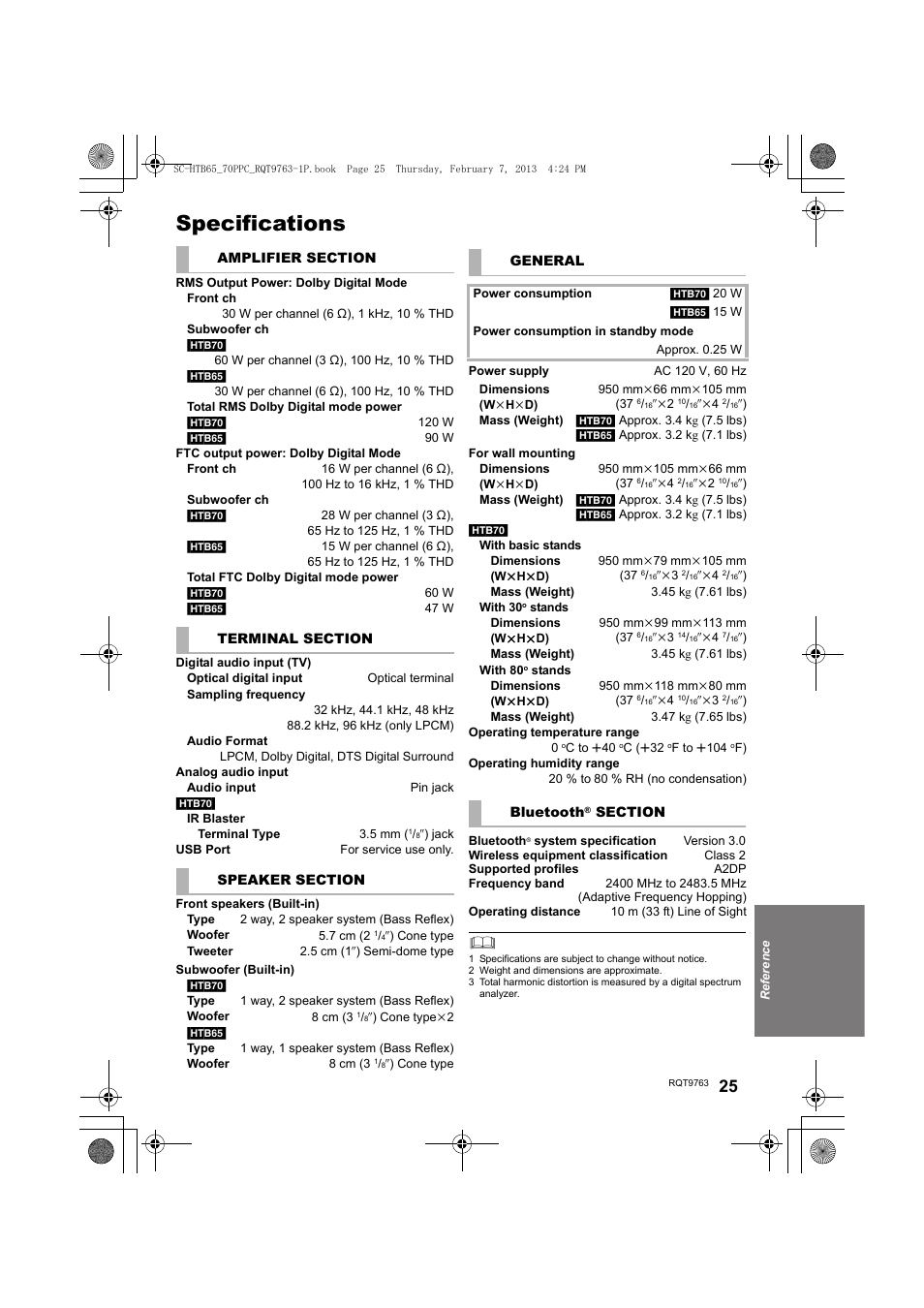 Specifications | Panasonic SC-HTB65 User Manual | Page 25 / 28