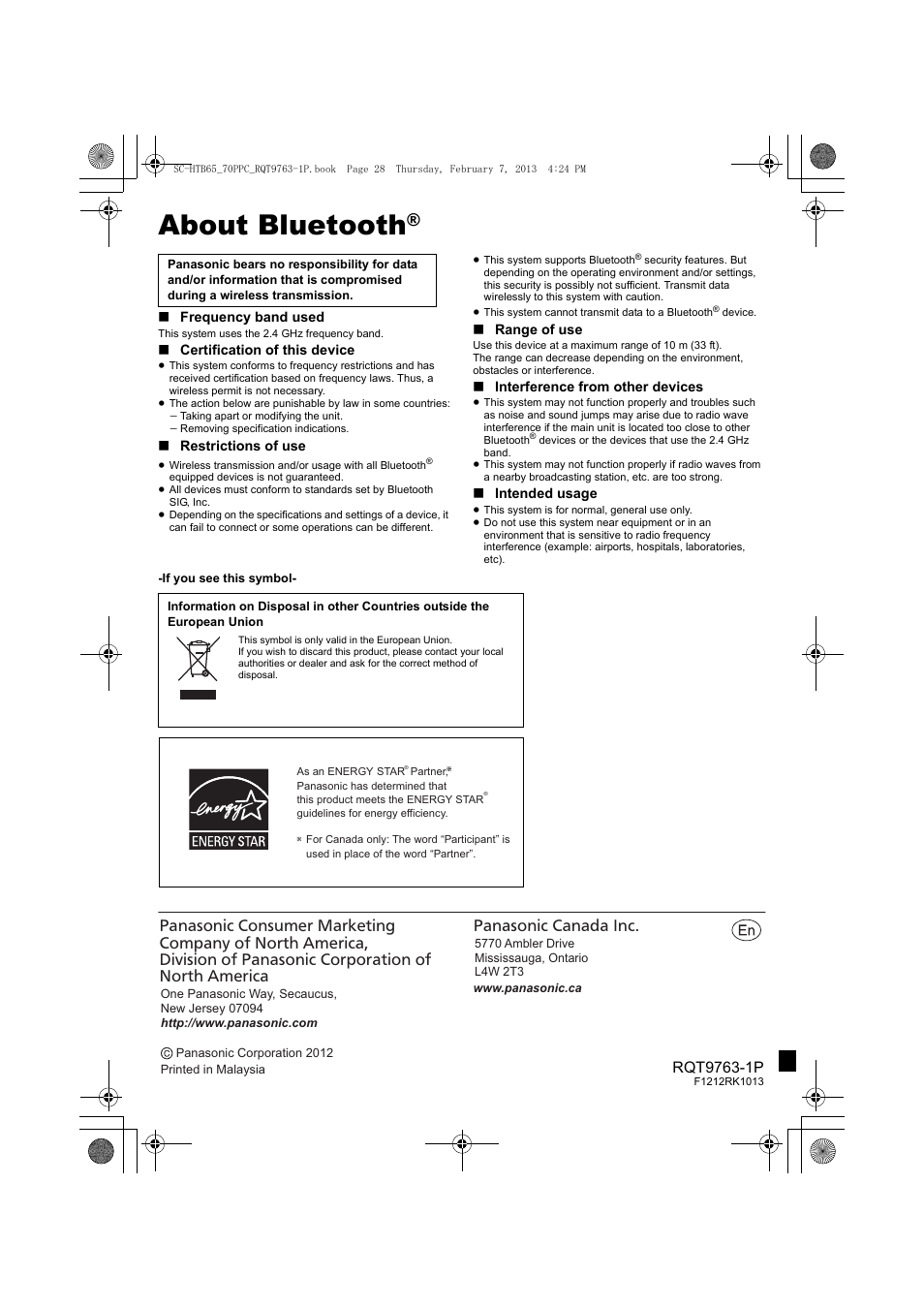 About bluetooth | Panasonic SC-HTB65 User Manual | Page 28 / 28
