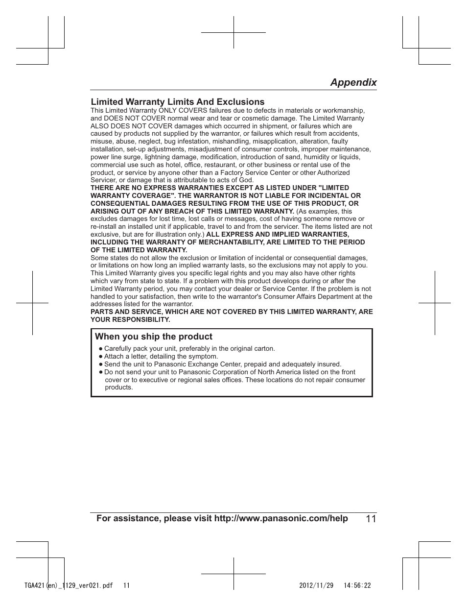 11 appendix | Panasonic KX-TGA421N User Manual | Page 11 / 16