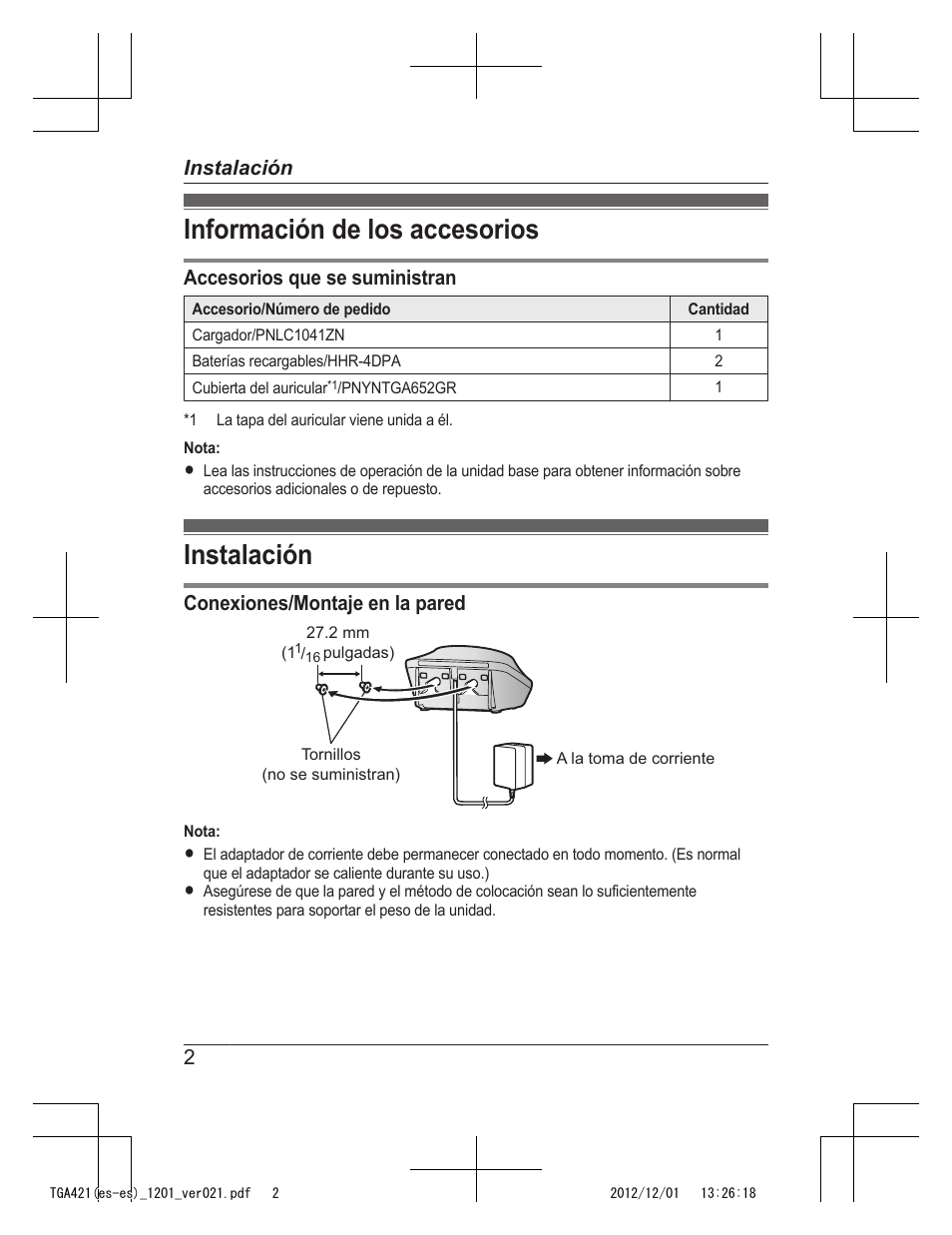 Instalación, Información de los accesorios | Panasonic KX-TGA421N User Manual | Page 13 / 16