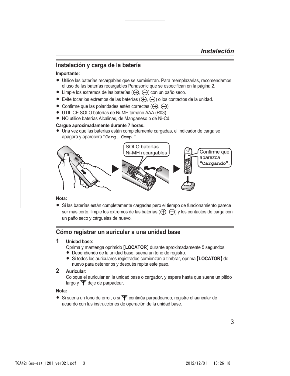 Instalación y carga de la batería, Cómo registrar un auricular a una unidad base 1, 3instalación | Panasonic KX-TGA421N User Manual | Page 14 / 16