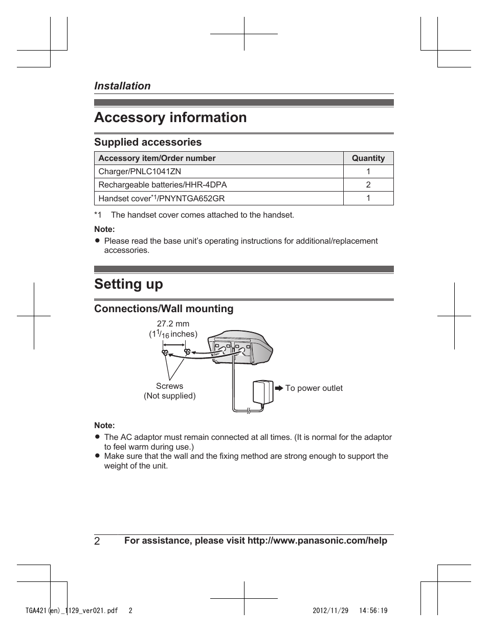 Installation, Accessory information, Setting up | Panasonic KX-TGA421N User Manual | Page 2 / 16