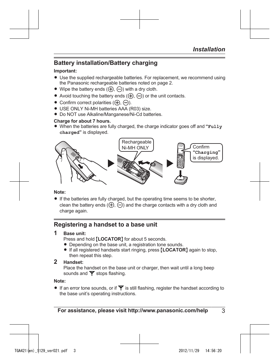 Battery installation/battery charging, Registering a handset to a base unit 1, 3installation | Panasonic KX-TGA421N User Manual | Page 3 / 16